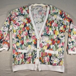 Vintage 80s 90's Popovitch Funky Colorful Floral Rhinestone Cardigan Medium